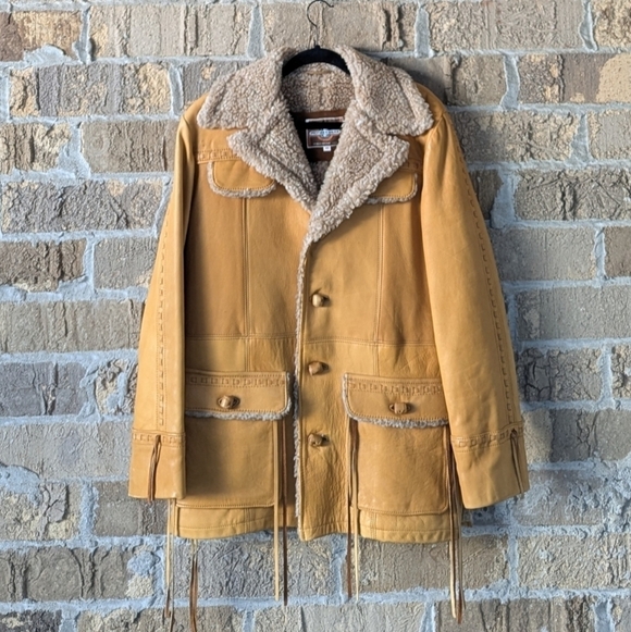 VTG 70s Pioneer Wear Western Cowboy Leather Winter Jacket Shearling Lined - Picture 12 of 12